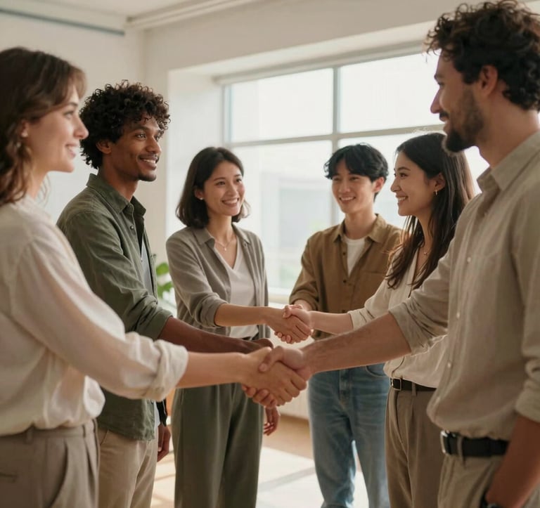 Photography of a group of diverse community members in Central European attire shaking hands in a bright, modern office space. The lighting is warm and inspiring, reflecting partnership and community responsibility.