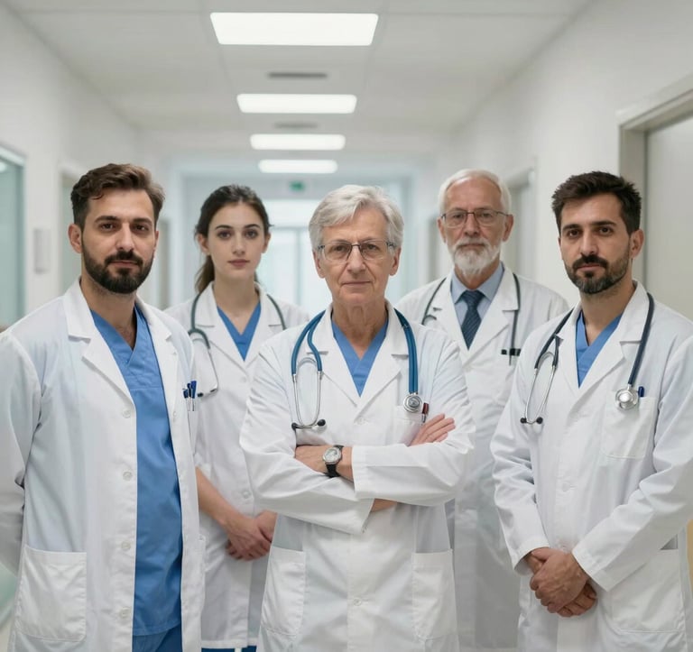 A portrait of a group of Romanian medical doctors in white and blue uniforms standing together in a modern, light-filled hospital corridor. They convey a sense of unity, trust, and professional responsibility.