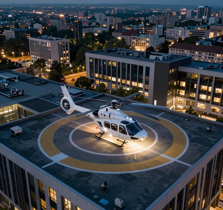 An aerial photography shot of a modern hospital rooftop heliport at dusk in Bucharest. An emergency medical helicopter is stationary on the pad, with its lights creating a soft glow. The background shows the city lights of a Central European urban area.