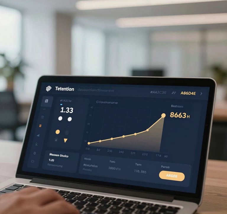 A close-up of a digital dashboard showing retention metrics and churn rates decreasing. The UI is elegant and professional, utilizing the brand colors #1A2C3E and #A86D4E. Soft bokeh background of a modern office.