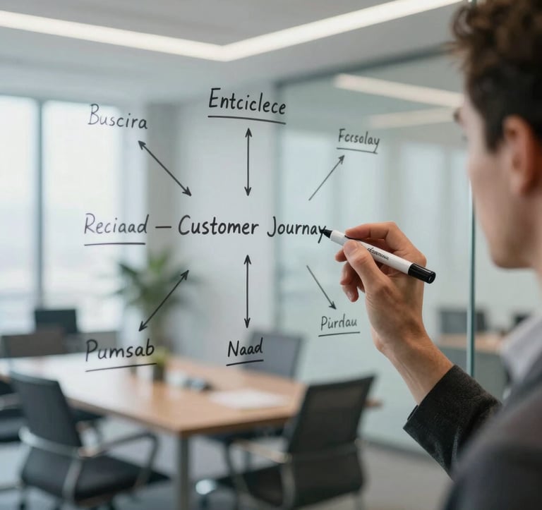 A focused consultant drawing a customer journey map on a clear glass board, using high-end markers, with a soft blur of a sophisticated office in the background.