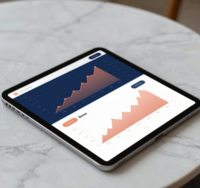 An elegant tablet resting on a marble table displaying growth charts and customer satisfaction metrics. The colors are sophisticated, with navy blue and terracotta accents in the interface.