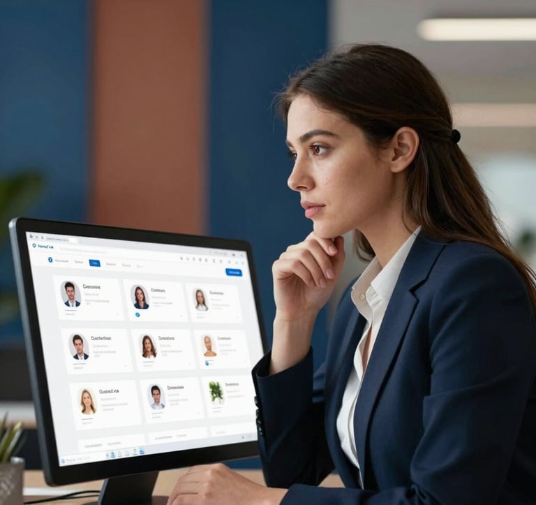 A professional woman in business attire looking thoughtfully at a digital screen showing customer journey maps. Soft lighting, elegant office background with navy blue and terracotta decor.