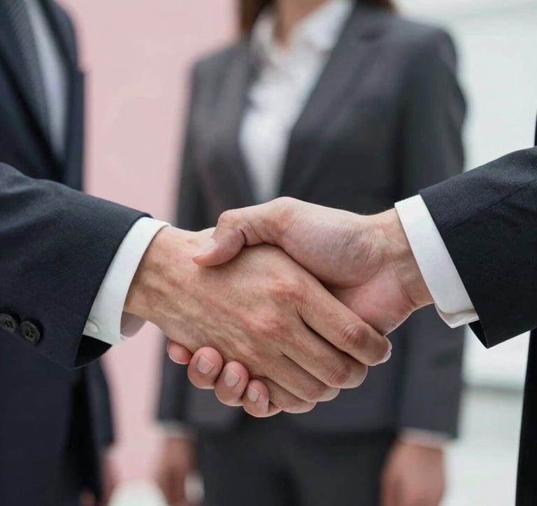 Close-up of a professional handshake or a collaborative moment between two people in business attire. Soft lighting, sophisticated atmosphere, incorporating hints of pinkish rose (#D9BDB7) in the background materials.