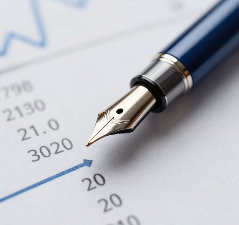 Macro shot of a high-end fountain pen resting on a detailed financial report. Depth of field is shallow, highlighting the intersection of strategy and financial results. Professional navy color palette.