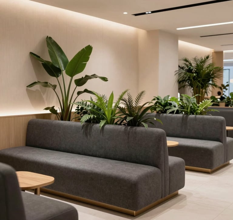 A sophisticated commercial lounge area with charcoal grey modular seating, light beige walls, and architectural plants. The lighting is soft and warm, highlighting the high-end textures. International / High-end commercial interior.