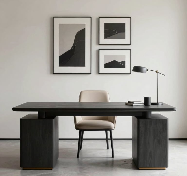 A clean, minimalist home office space for a high-end property. A sleek charcoal desk is paired with a soft beige leather chair and a simple off-white wall decorated with curated fine art. High-end lifestyle imagery.