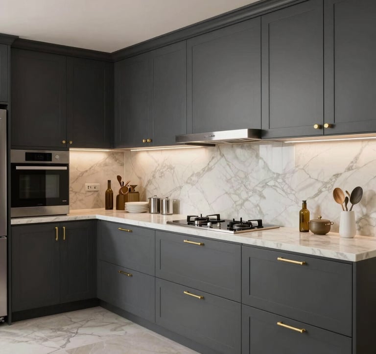 A professional shot of a modern kitchen in an International High-end home, featuring charcoal cabinetry, soft gold hardware, and cream-colored marble surfaces with clean, elegant lighting.