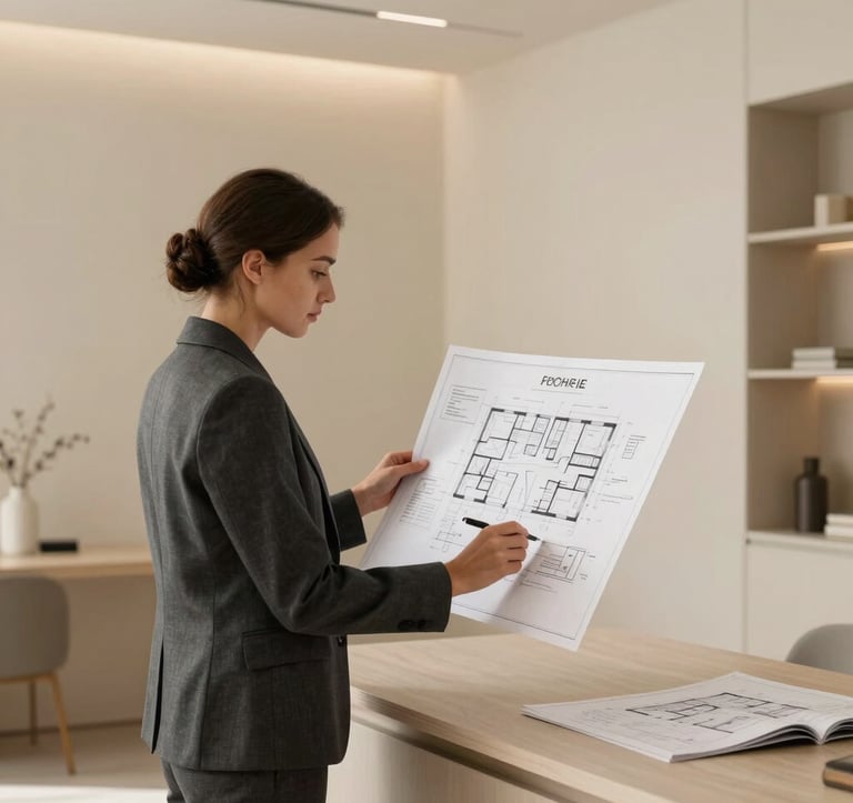 A professional interior designer in elegant charcoal attire reviewing architectural plans in a bright, modern studio with warm cream-beige walls and minimalist decor. International / High-end.