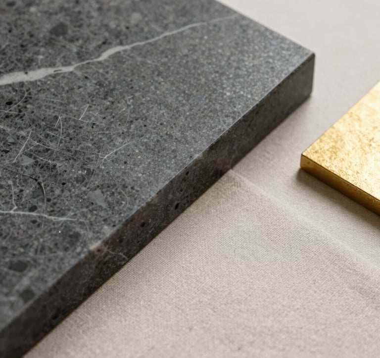 Macro photography of high-end interior materials: a piece of charcoal gray marble, a swatch of warm cream-beige linen, and a soft gold metallic accent piece arranged on a clean surface. Soft side lighting. International / High-end.