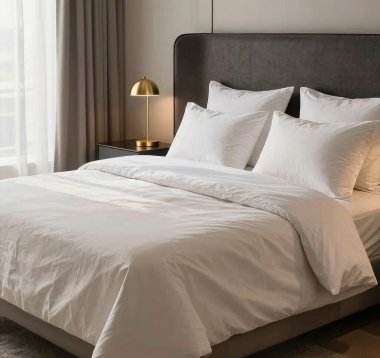 A professional staging of a luxury master bedroom with layers of soft beige and off-white linens, a charcoal upholstered headboard, and minimalist gold reading lamps. Soft morning light enters through sheer curtains. International / High-end.