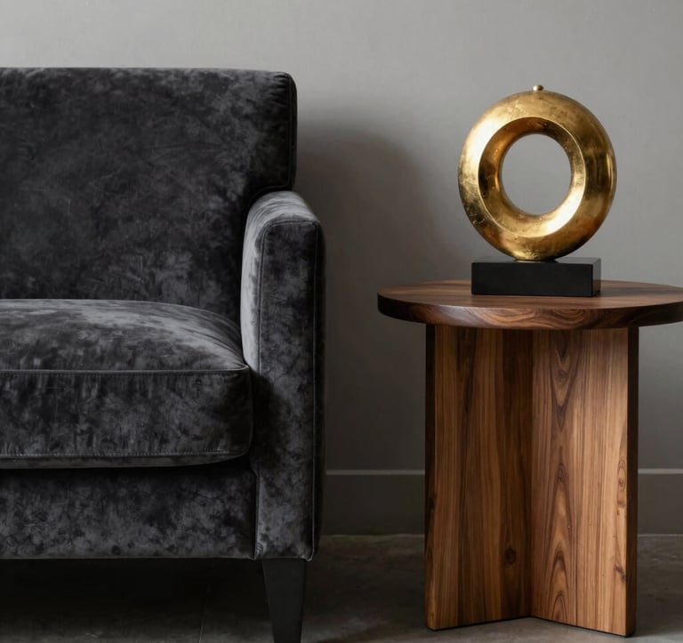 A detailed shot of a curated corner featuring a charcoal velvet armchair, a minimalist side table in warm wood, and a single artisanal gold sculpture. The lighting is soft and moody, emphasizing textures. International / High-end.