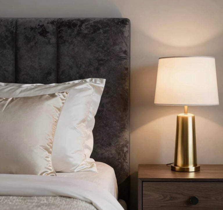A close-up photograph of a luxurious bedroom corner in an International High-end apartment, showing a charcoal velvet headboard, cream silk pillows, and a soft gold lamp on a minimalist wooden nightstand.