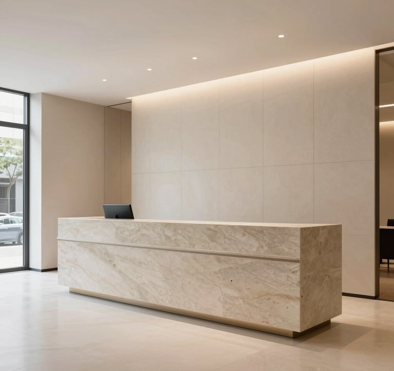 A sophisticated commercial lobby design with clean architectural lines, a reception desk in light charcoal stone, and soft beige wall panels. The space is bright and professional with a minimalist luxury feel. International / High-end.