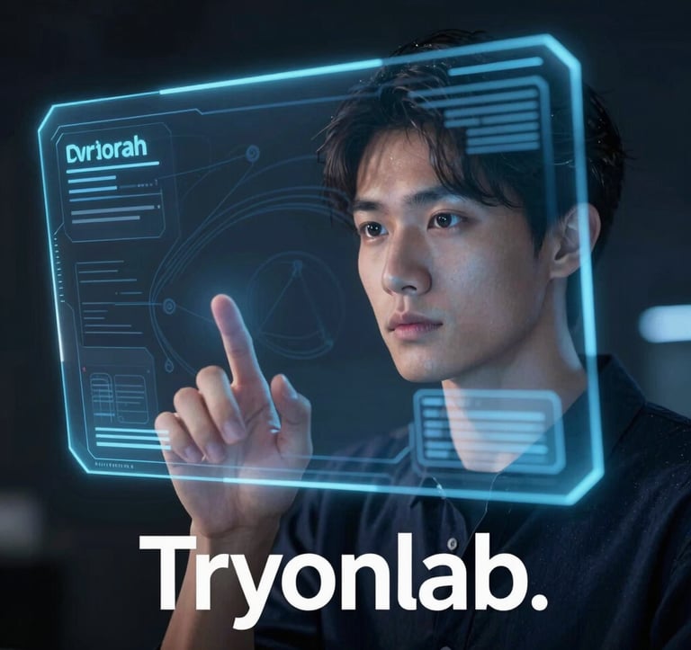 A conceptual photograph of a person interacting with a holographic interface in a darkened, premium space. Subtle hints of Deep Navy Blue and Soft Sky Blue glow on the person's face. The composition is futuristic and clean, suggesting the upcoming integration of games and interactive tech at Tryonlab.