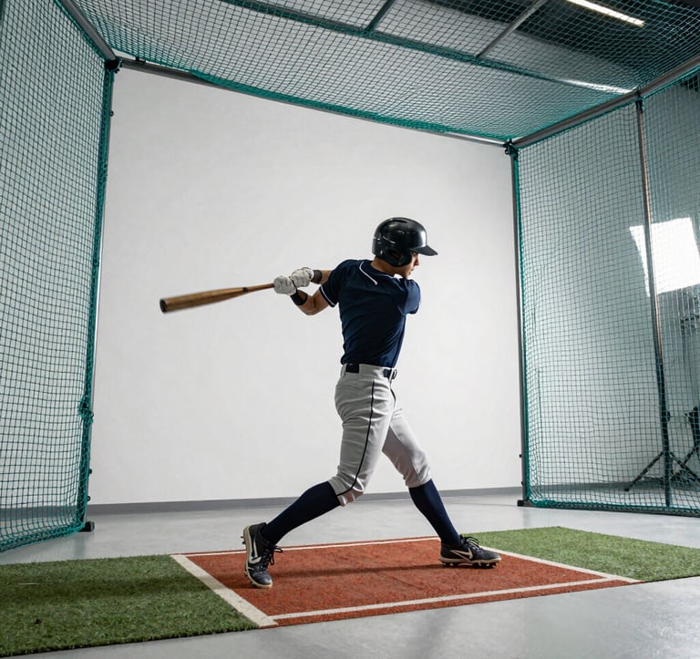 An energetic, sharp photograph of an indoor baseball batting cage. A person in modern athletic wear is mid-swing. The environment is clean and contemporary, featuring Pearl White walls and Steel Teal safety netting. The scene is illuminated by cool-toned studio lights, creating a dynamic, high-performance look.