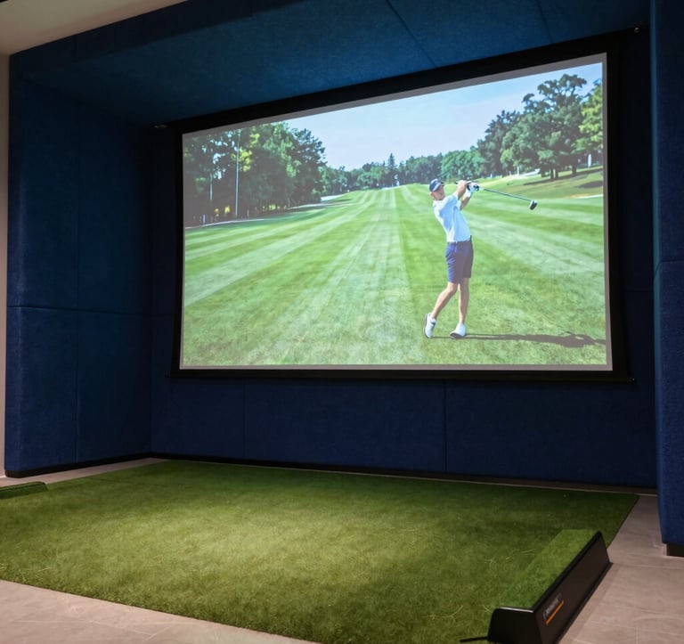 A sleek indoor golf bay featuring a wide projection screen showing a lush green course. The surrounding walls are upholstered in dark midnight blue acoustic fabric. A professional golfer is mid-swing, captured in a crisp mist white glow. The aesthetic is clean, premium, and intensely modern.