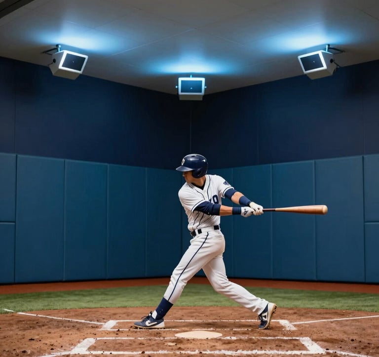 A high-action photograph inside a modern baseball lab. A batter in professional gear is seen against a backdrop of dark navy blue walls with muted teal blue safety padding. High-speed sensors are visible on the ceiling, glowing with soft sky blue light.