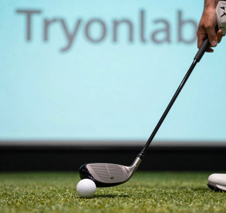 A close-up action shot of a professional golf club making impact with a ball on an indoor tee. The background is a blurred high-resolution projection screen in Steel Teal and Soft Sky Blue hues. The lighting is crisp and modern, emphasizing the precision and technology of the Tryonlab setup.