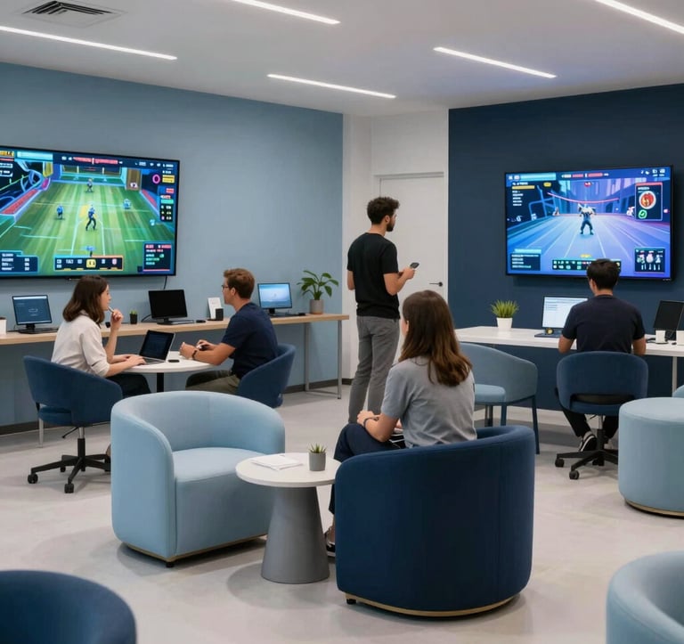 An interior shot of a tech-focused social hub. People are interacting in a space with minimalist furniture in soft pale blue and dark midnight blue. In the background, large interactive digital screens show game statistics. The lighting is soft and natural, creating an accessible yet premium lab environment.