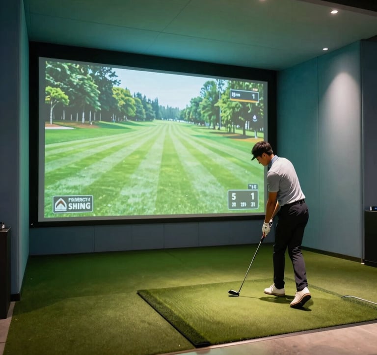 A professional indoor golf simulator featuring a large projection screen showing a lush green course. A golfer in stylish sports attire stands on a high-quality turf mat. The surrounding walls are a muted teal blue, illuminated by focused cool off-white spotlights.