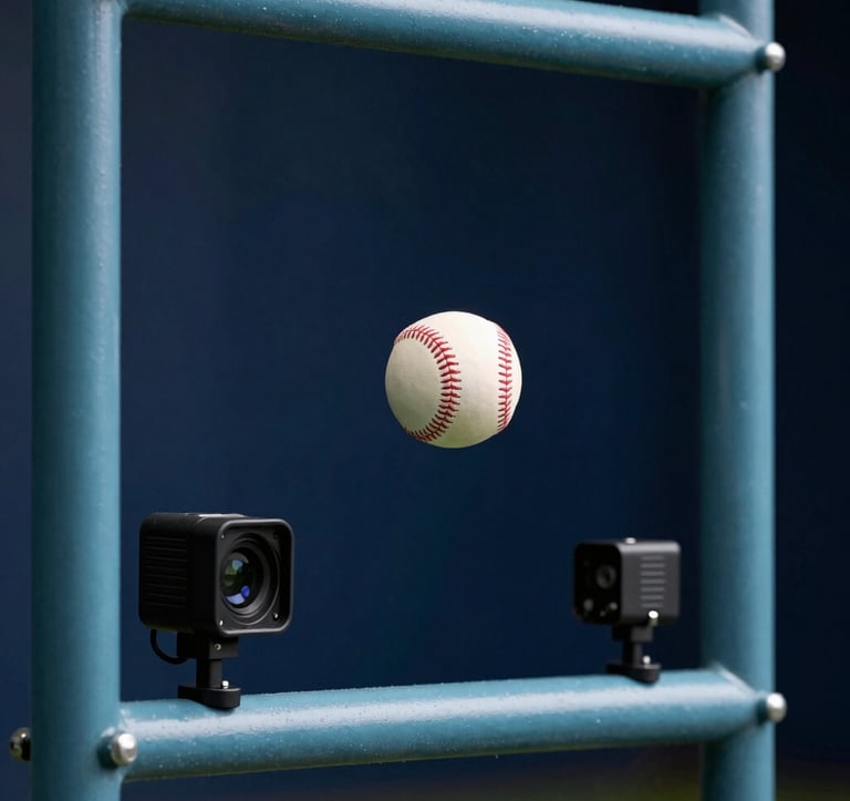 A close-up shot of a professional indoor baseball batting cage. The scene features high-speed cameras and sensors mounted on muted teal blue metal frames. A crisp mist white baseball is captured in mid-air against a dark midnight blue backdrop. The lighting is sharp, emphasizing movement and technological precision.