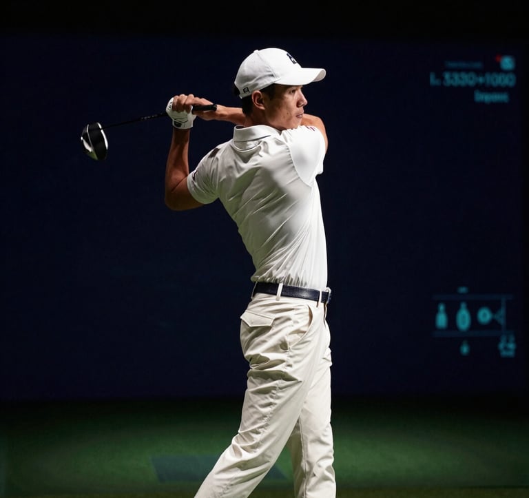 A high-end photograph of a person mid-swing in an indoor golf simulator. The lighting is cinematic, highlighting the player's form against a dark navy background. Muted teal accents from the digital interface glow softly on the player's crisp off-white athletic apparel.