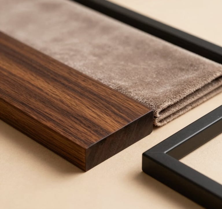 Macro photography of interior design materials used in a South Asian / Indian context. A piece of polished dark wood, a swatch of taupe velvet, and a matte black metal frame arranged on a warm beige surface. Minimalist and high-end composition with soft focus.