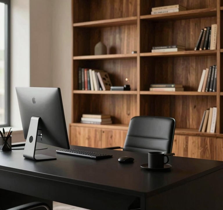 A medium shot of a refined professional workspace in Bhopal. A clean matte black desk with minimalist accessories and a backdrop of built-in warm wood bookshelves. The lighting is sophisticated and premium, highlighting intentional details.