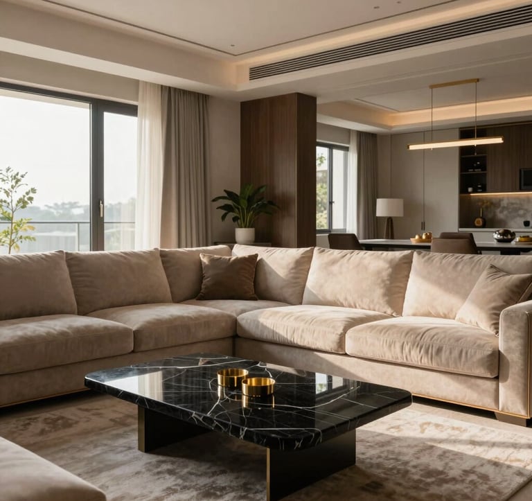 A high-end residential interior in Bhopal. A sleek, modern living area with a large warm beige sectional sofa, a black marble coffee table, and subtle gold accents. Soft morning light enters the room, highlighting sophisticated South Asian / Indian architectural details.