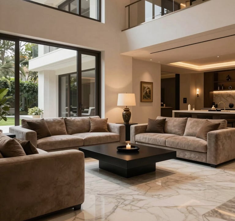 A stunning luxury villa interior in South Asian / Indian architectural style, featuring an ivory marble floor, taupe plush sofas, minimalist matte black coffee table, warm cinematic lighting, high-end, aspirational.