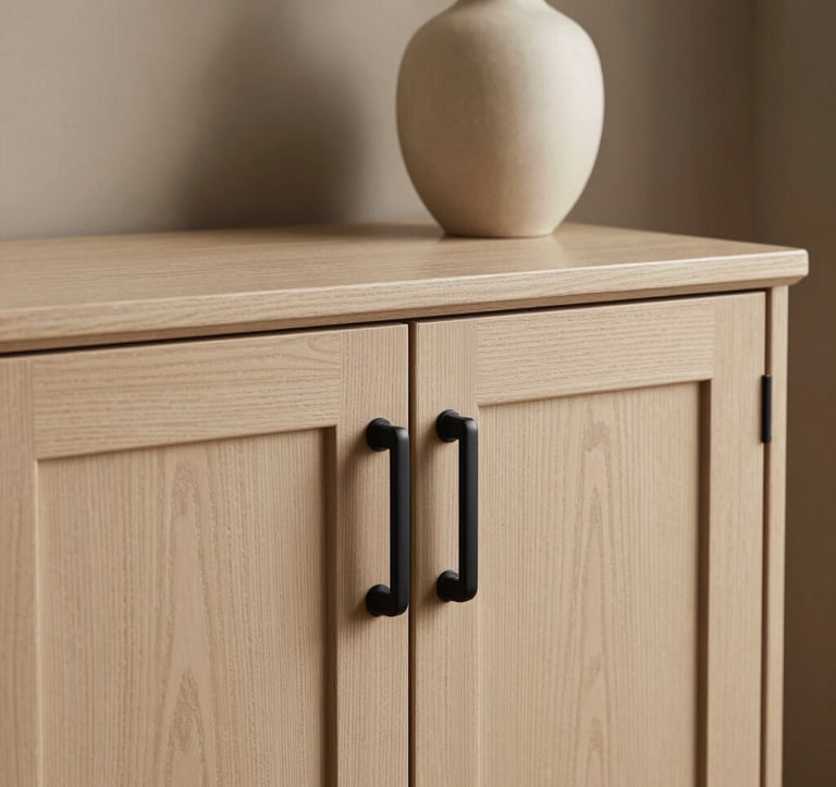 A close-up shot of exquisite craftsmanship in a luxury home, showing a warm beige custom wooden cabinet with matte black handles, an ivory vase, and a taupe wall background, elegant and intentional design.