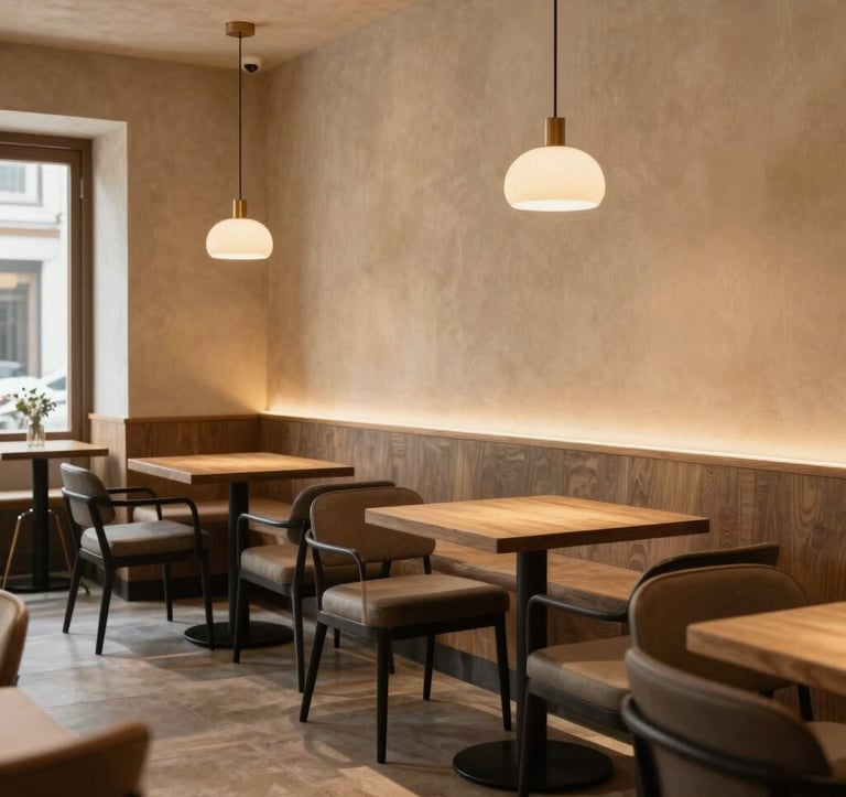 A premium modern cafe interior in a South Asian / Indian city, featuring warm beige walls, elegant seating with matte black frames, warm ambient lighting, highly detailed, sophisticated and timeless.