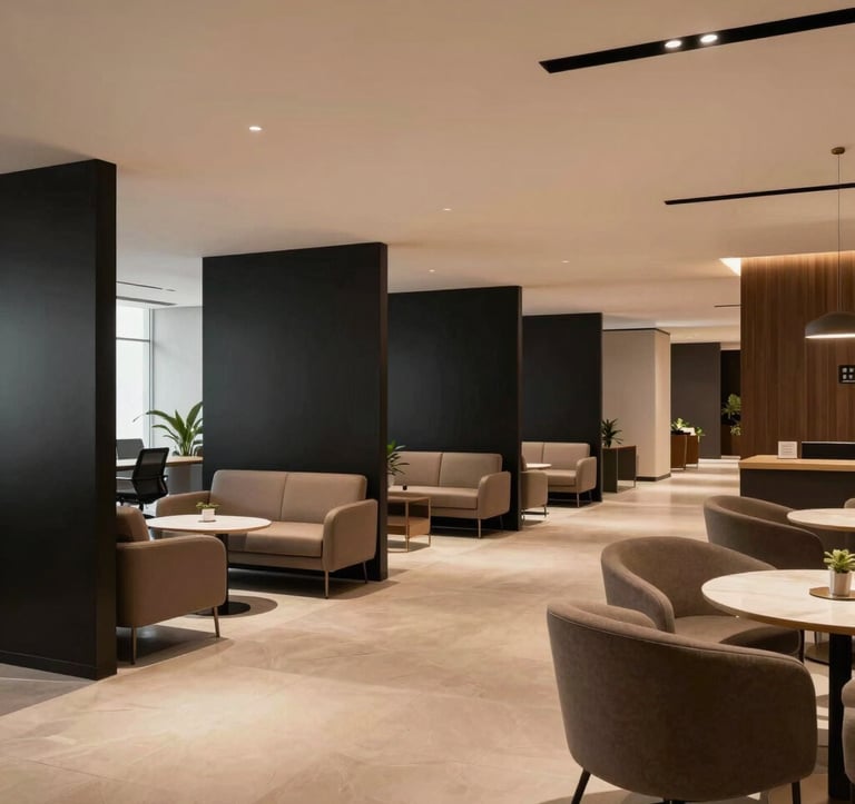 Architectural shot of a high-end commercial office lounge in Bhopal, India. The space features clean lines, taupe-colored ergonomic furniture, and minimalist matte black partitions. The lighting is warm and professional, creating an atmosphere of quiet luxury.