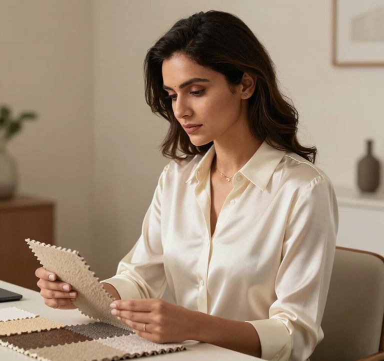 An elegant portrait of a female lead interior designer in a sophisticated ivory silk blouse. She is sitting in a minimalist, warm beige office space in Bhopal, holding a material sample. The lighting is soft and flattering, emphasizing a premium South Asian / Indian business environment.