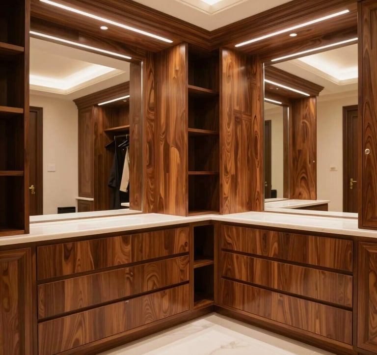 Interior shot of a bespoke custom dressing room in a luxury Indian villa. Meticulous wooden cabinetry in warm tones, integrated LED lighting, and polished ivory surfaces. The style is clean, organized, and expensive-looking.