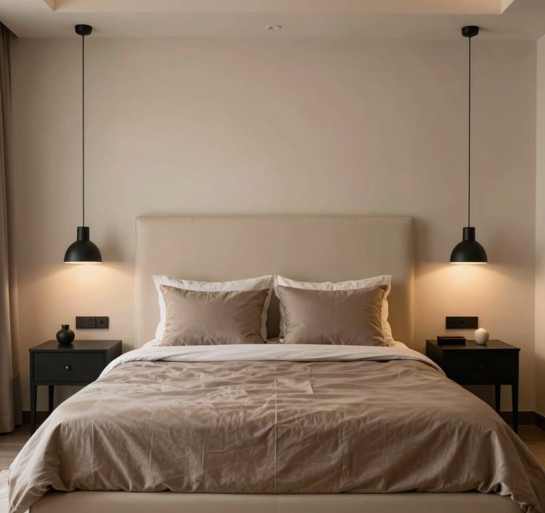 A luxurious master bedroom interior in a South Asian / Indian villa. Symmetrical composition featuring an ivory upholstered headboard, taupe silk linens, and matte black lighting fixtures. The atmosphere is warm, quiet, and intentional.