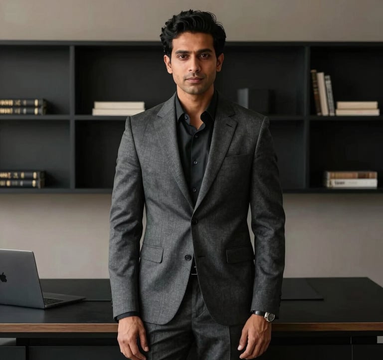 A high-end studio portrait of a male interior architect in his late 30s. He is dressed in a charcoal grey tailored suit, standing in a minimalist office with matte black shelves and a taupe wall behind him. The setting is a luxury design firm in South Asian / Indian style with soft, professional rim lighting.