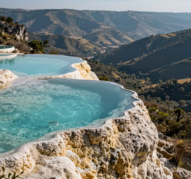 A landscape shot of the natural infinity mineral pools at Hierve el Agua, with clear turquoise water perched on a cliff edge overlooking the sprawling valley of Oaxaca under bright sunlight.