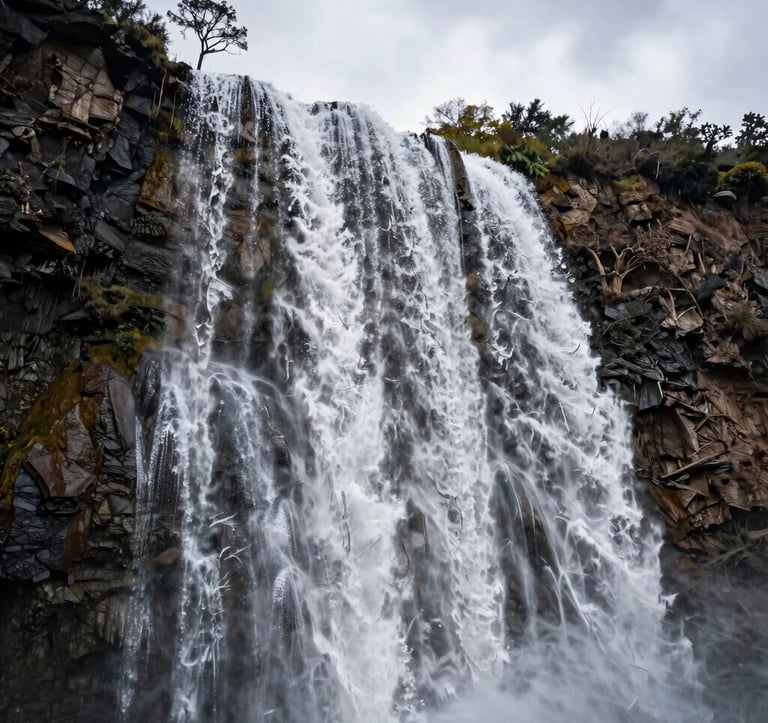 A dramatic photography shot looking up at the massive petrified waterfall of Hierve el Agua. The texture of the white mineral deposits is detailed and intricate, resembling flowing water. The composition includes a lone tree on the cliffside, typical of the Mexican highlands, under a serene, overcast sky.