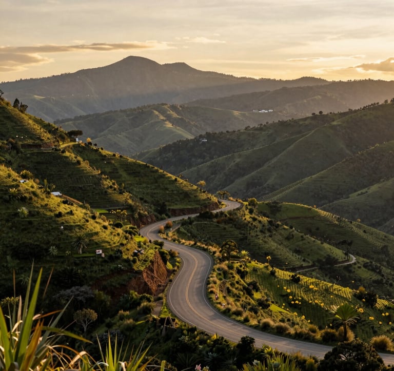 A panoramic view of a winding road through the lush, green Oaxacan highlands leading towards the Sierra Norte mountains, captured in the warm, golden light of late afternoon.