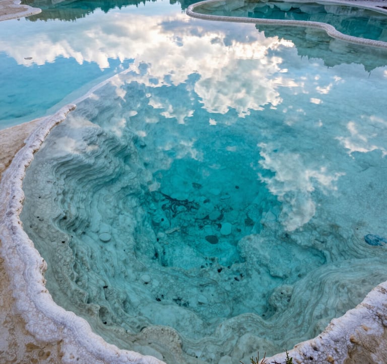 A close-up photograph of the turquoise mineral pools at the top of Hierve el Agua. The water is perfectly still, reflecting the soft sky blue of the Oaxacan clouds. Deep teal minerals are visible on the floor of the natural basin, surrounded by off-white calcified edges.