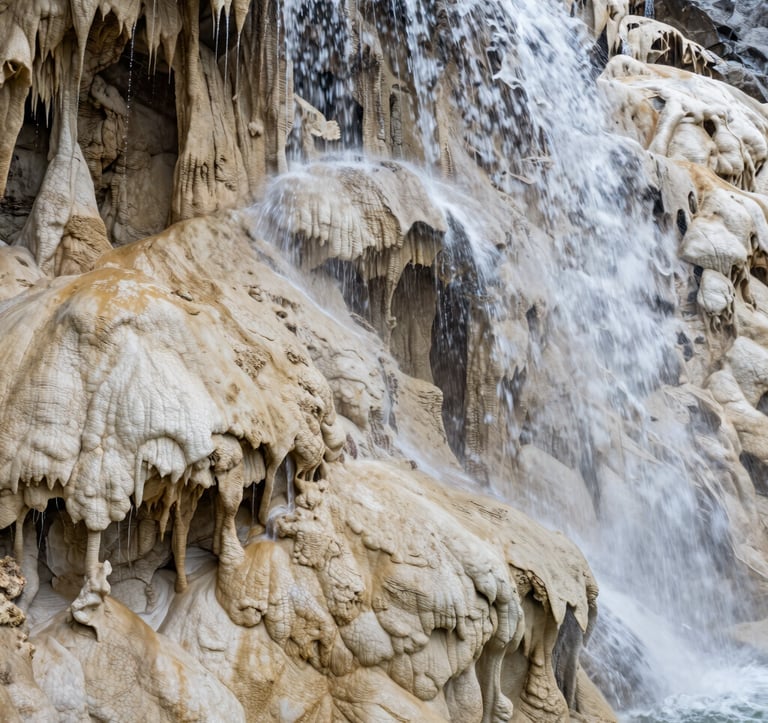 A detailed close-up photography of the calcified rock formations at Hierve el Agua, showing the intricate textures and layers of the stone cascades in shades of off-white and cream.