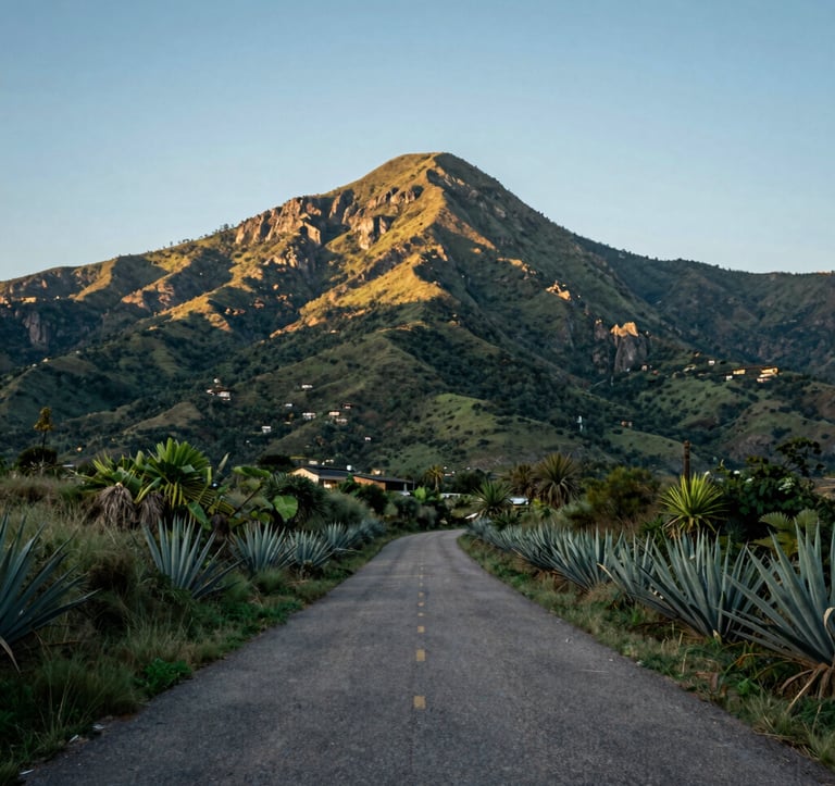 A scenic landscape view of a winding road through the Mexican / Oaxacan mountains leading to Hierve el Agua. Lush green vegetation and agave plants line the route under a clear soft sky blue sky.
