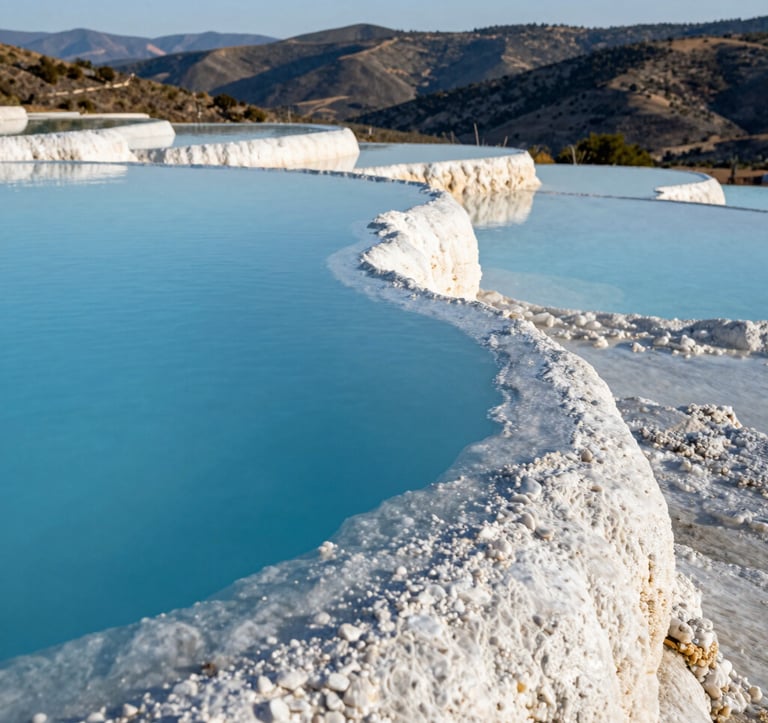A close-up photograph of the natural mineral pools at Hierve el Agua. The water is a brilliant soft blue, reflecting the sky. The white, calcified edges of the pools create a stark contrast against the deep teal water. In the background, the rolling hills of Oaxaca, Mexico, are visible under a bright, clear sky.