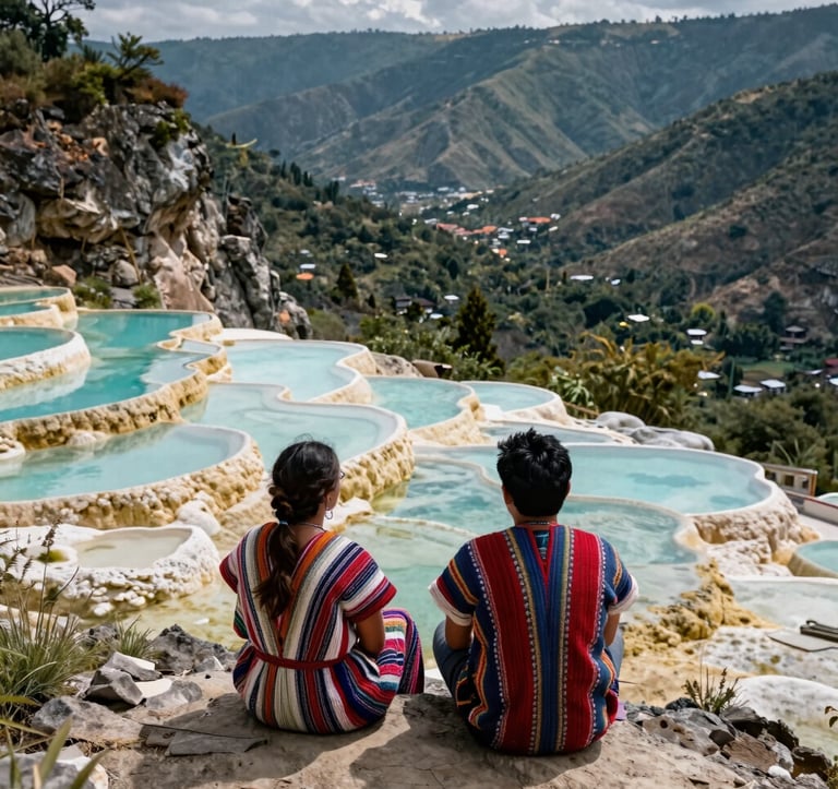 Two travelers in traditional woven attire overlooking the turquoise mineral pools of Hierve el Agua, Oaxaca, Mexico. The composition captures the vastness of the valley below from the high-altitude cliff-top location.