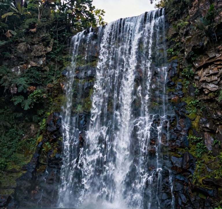 A majestic vertical shot of the main petrified waterfall at Hierve el Agua. The white calcified flows cascade down hundreds of feet into a lush Mexican valley. Soft morning lighting highlights the textures of the stone against the deep forest green vegetation.