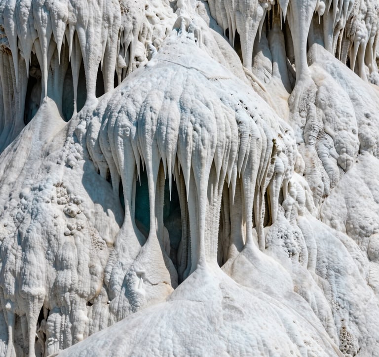 Macro photography of the calcium carbonate formations at Hierve el Agua, Oaxaca, Mexico. The textures of the white petrified 'water' drip down the cliffside like stalactites. Deep teal shadows accentuate the intricate mineral layers under bright, natural daylight.