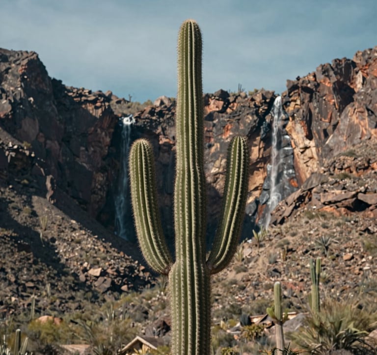 A vertical shot of a tall organ pipe cactus standing against the rugged mountain backdrop of Hierve el Agua. The lighting is bright and crisp, highlighting the textures of the Mexican desert flora and the distant petrified stone falls under a soft blue sky.