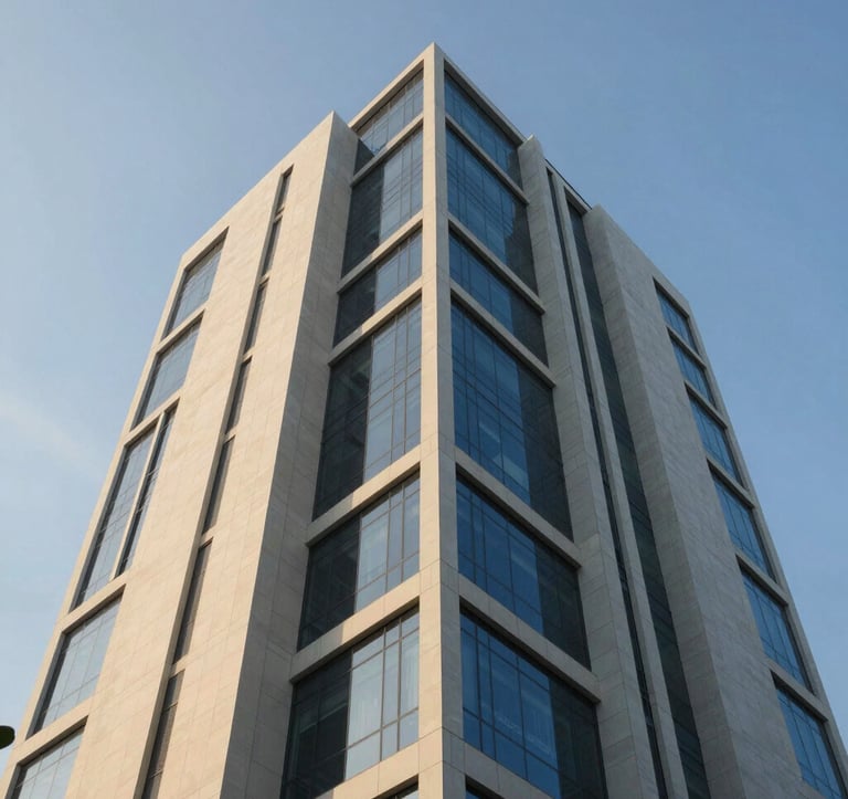 A high-end architectural photo looking up at the corner of a contemporary building in Jakarta. The sharp geometric lines and glass textures are highlighted by the warm evening sun, using a palette of off-white (#F8F6F1) and deep blue (#1A2B3C) shadows.
